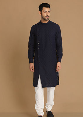 alt message - Manyavar Men Navy Blue Side Open Kurta Pajama image number 1